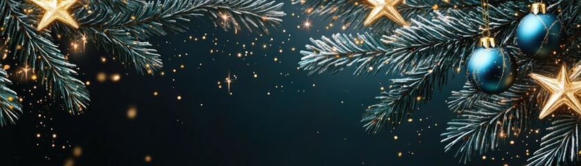 Poster - Festive christmas tree branches with ornaments and golden lights