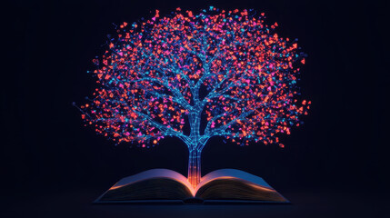 Poster - Colorful tree with glowing leaves emerging from open book, symbolizing knowledge and creativity
