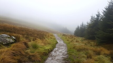 Poster - Muddy path winds through misty landscape with evergreen trees
