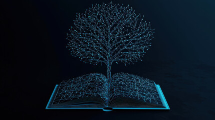 Aufkleber - digital representation of open book with tree made of lines and nodes emerging from it, symbolizing 