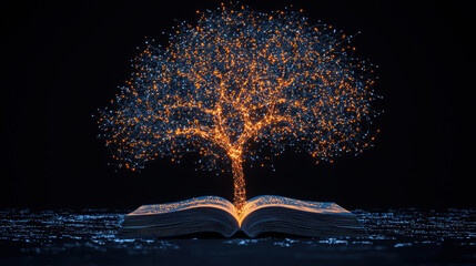 Poster - Open book with glowing tree made of lights, symbolizing knowledge and growth