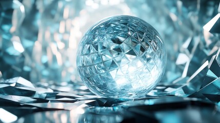 Poster - Glistening orb of facets illuminates a crystalline landscape of reflections