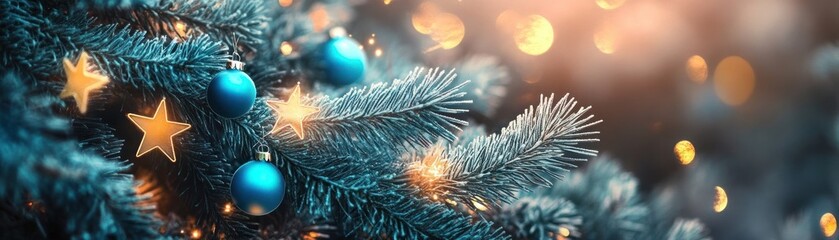 Poster - Close up shows a decorated christmas tree with bokeh effect