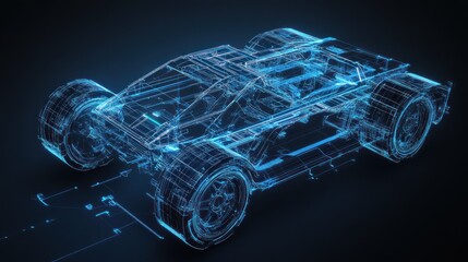 Poster - Futuristic car frame is rendered with illuminated blue wireframe
