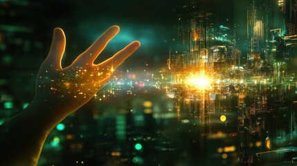 Poster - Hand reaches out to a glowing digital futuristic city