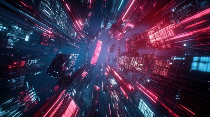 Poster - Futuristic cityscape illuminated by vibrant red and blue neon lights