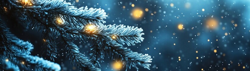 Poster - Frosted pine branch with lights and falling snow creates magic