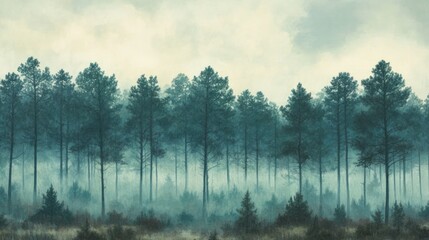 Poster - Misty forest scene depicts tall trees on a cloudy day