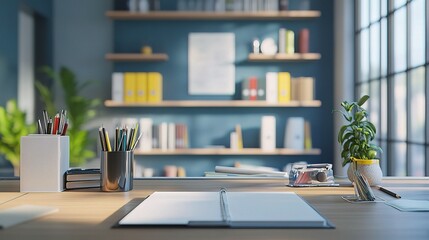 Poster - Modern Office Workspace Featuring an Empty Desk and Organized Books