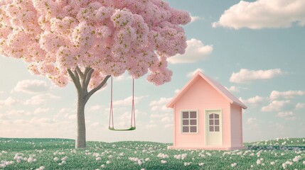 Poster - Pink house next to a blossoming tree with a swing