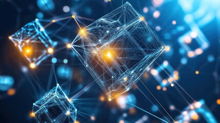 Poster - Interconnected cubes with glowing nodes in a digital network