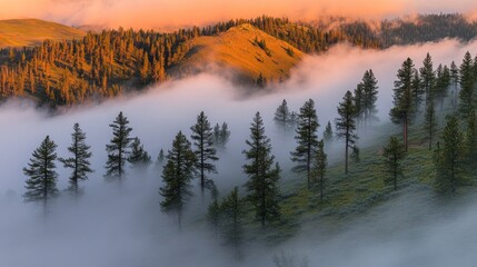 Sticker - Trees rise from ethereal fog blanketing rolling hills at sunrise