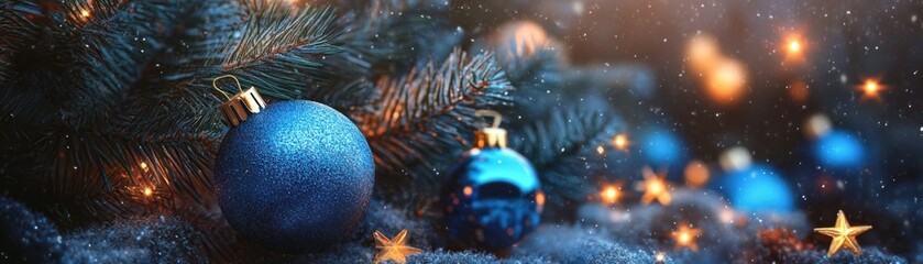Poster - Blue christmas ornaments and glowing stars adorn a fir tree