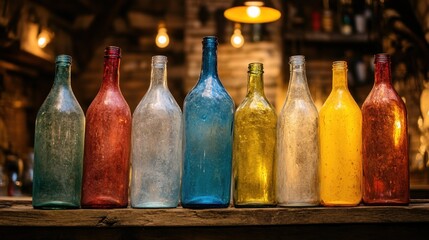 Poster - Colorful antique glass bottles standing on a wooden surface