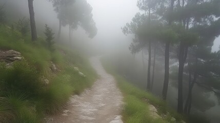 Aufkleber - A path disappears into a misty forest landscape scene