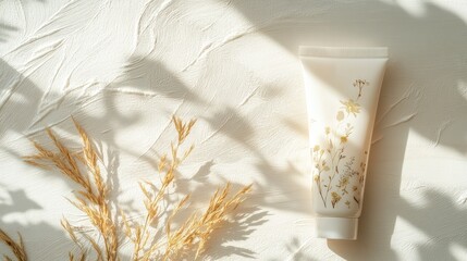 Poster - Cosmetic cream tube lies near decorative grasses in sunlight