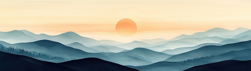 Wall Mural - Serene Sunrise Over Misty Mountain Range with Soft Pastel Colors and Silhouetted Trees in Tranquil Landscape