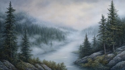 Poster - Landscape showing a tranquil river running through a misty forest