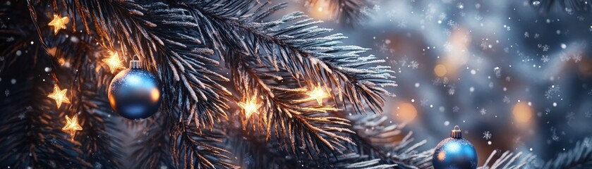 Poster - Christmas tree branch with blue ornaments and glowing stars