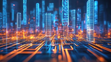 Poster - Abstract futuristic cityscape glows with digital data lines