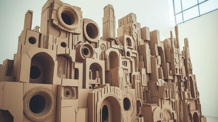 Poster - Intricate cardboard sculpture resembling abstract city architecture is displayed indoors