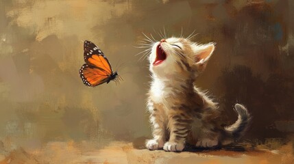 Poster - Cute kitten excitedly watches a monarch butterfly in an illustration