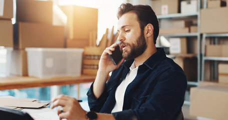 Poster - Business boxes, distribution and man with phone call for online order, delivery tracking or inventory shipping. Supply chain, ecommerce and discussion for client package, customer service and export