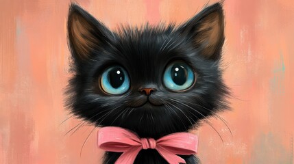 Wall Mural - Cute black kitten portrait, pink bow, peach background, digital art, children's book