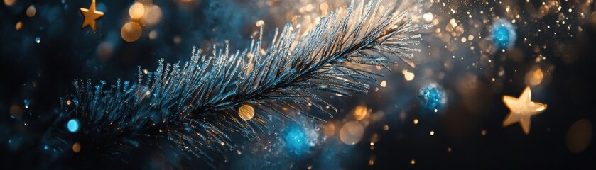 Poster - Sparkling pine branch adorned with christmas lights and star decorations