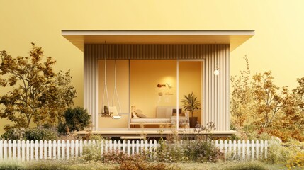Poster - Cozy modern house with swing and garden bathed in yellow