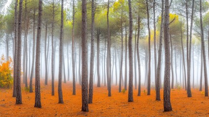 Poster - Pine tree forest enveloped in fog during the autumn season