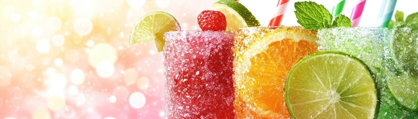 Poster - Close up of colorful cocktails decorated with fruit and sugar