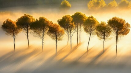 Poster - Golden trees emerge from the mist filled valley floor