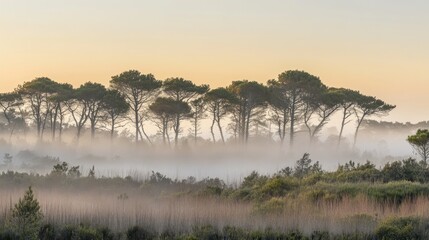 Poster - Trees stand in a tranquil landscape shrouded by morning fog