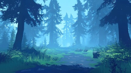 Aufkleber - Tranquil forest path shrouded in mist and tall evergreen trees