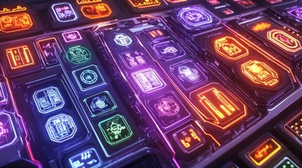 Poster - Futuristic control panel displays colorful holographic icons and information