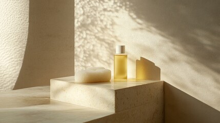 Poster - Skincare product on stone platform in warm natural light