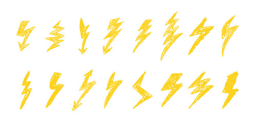Wall Mural - set of lightning by wax pencil drawing. collection of handdrawing chalk , light flash signs, doodle 