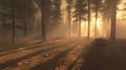 Aufkleber - Sun shines through tall trees in a misty forest
