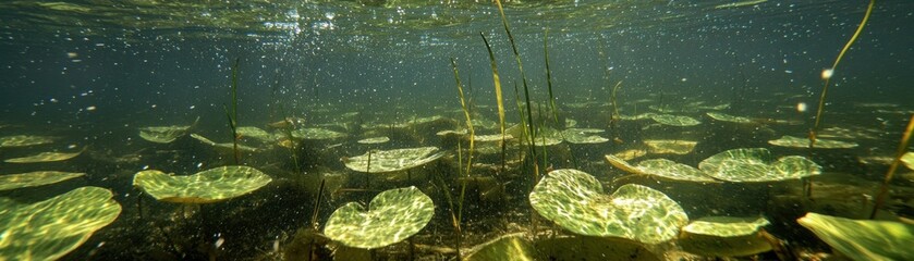 Wall Mural - Underwater view showcasing lily pads and reeds in murky water