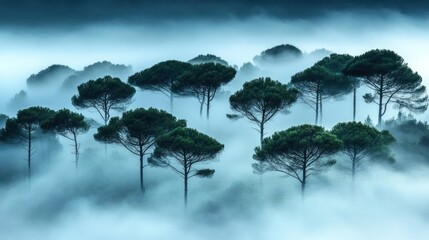 Poster - Foggy forest landscape featuring trees rising above thick fog