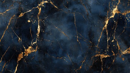 Poster - Abstract dark blue marble with gold veins and splatters