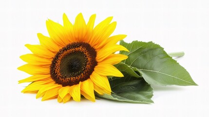 Wall Mural - Vibrant Sunflower with Detailed Petals and Green Stem on White Background