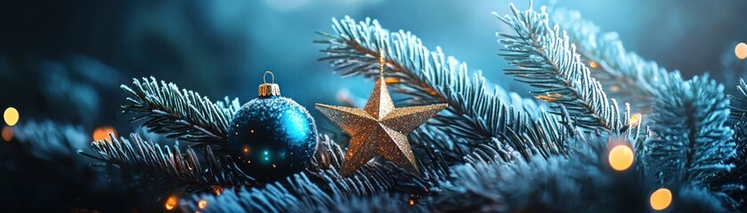 Poster - Festive christmas ornaments adorn a frosted pine tree branch