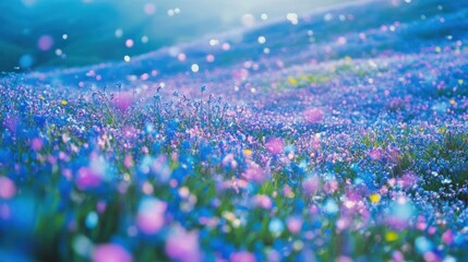 Poster - Endless field of blue flowers with bokeh light effect