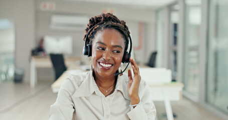 Poster - Call center, thinking and black woman for customer support, online service and consulting video pov. Crm business advice, contact us and happy female worker with headset for telemarketing smile