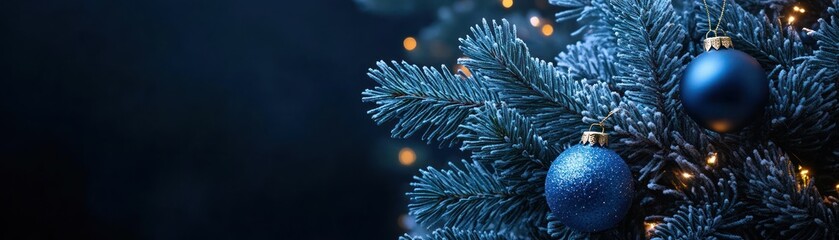 Poster - Decorated christmas tree branch with blue ornaments against dark background