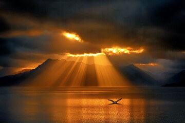 Wall Mural - Rays of sunlight pierce through dark storm clouds above a body of water, with a bird flying below the illuminated sky.