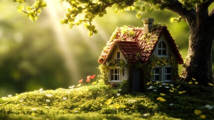 Poster - A charming cottage covered in greenery sits idyllically on a hill