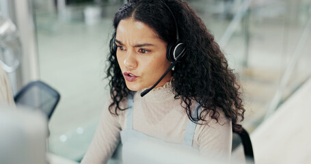 Leinwandbilder - Confused, woman and talk with headset at call centre of customer service, problem solving and crm stress. Above, advisor and discussion for technical support, telemarketing and faq solution of advice